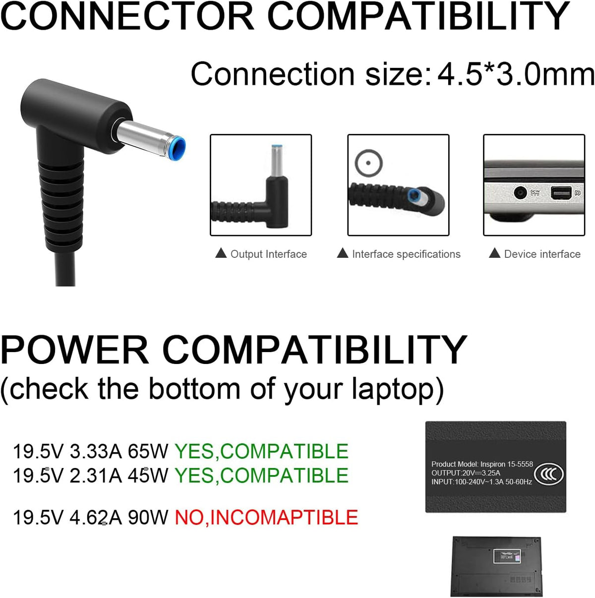 HP Laptop Computer 65W 45W Smart Blue Tip Power Adapter