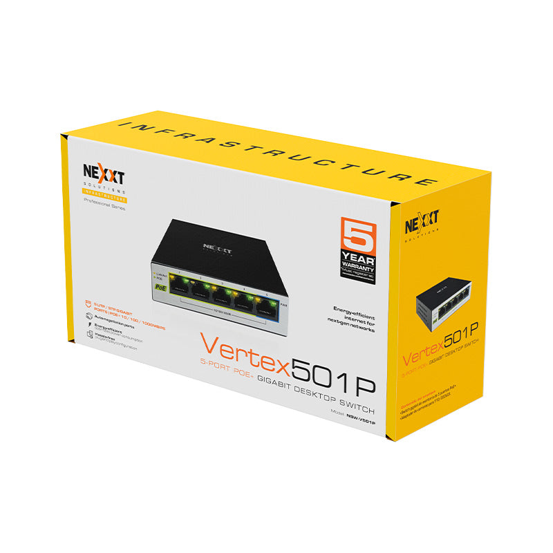 Vertex501 Nexxt Professional 5-port PoE+ Gigabit desktop switch, 10/100/1000 65W Max