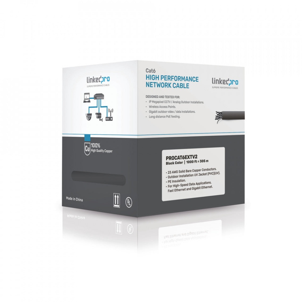 COMPUTER CABLE CAT 6 WIRE OUTDOOR LINKEDPRO PROCAT6EXTV2 1000' BLACK